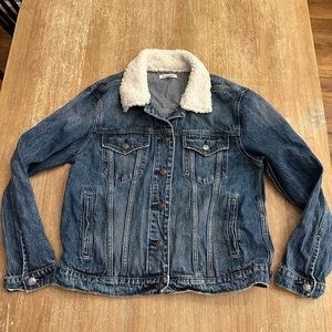 Good American Blue Faux Shearling Trim Boyfriend Denim Jacket Womens 0/1 Small